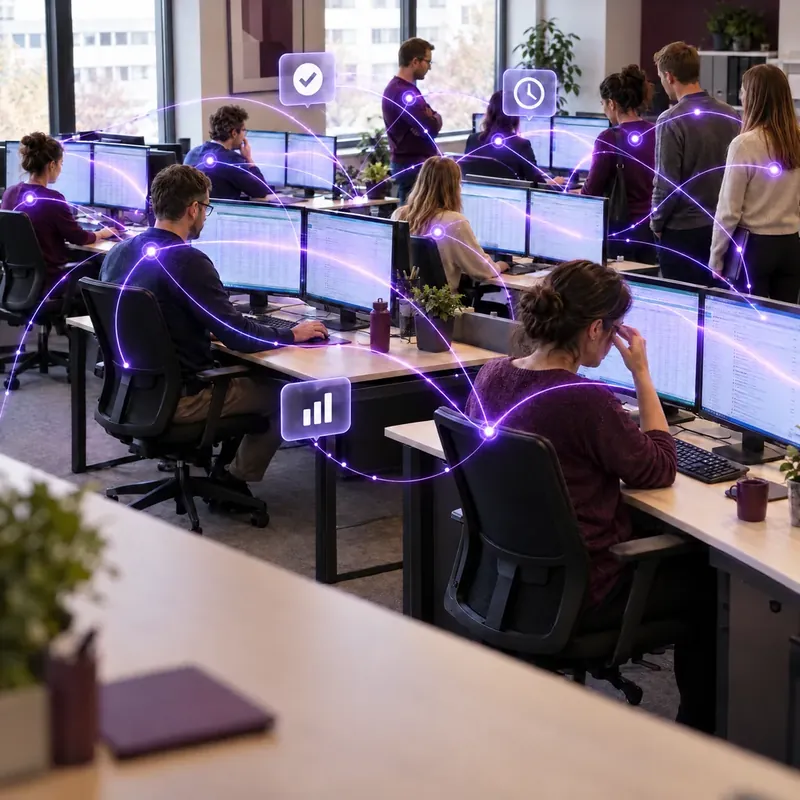 Ein volles Büro: Menschen kopieren Daten zwischen Bildschirmen und warten aufeinander, während leuchtende Linien nachzeichnen, wie die Arbeit von Tisch zu Tisch wandert